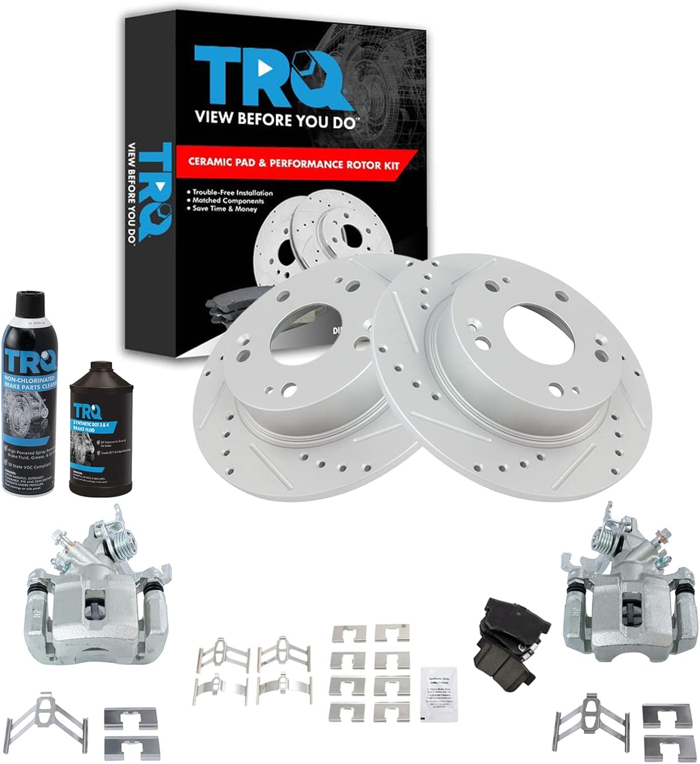 TRQ Rear Performance Brake Pad, Caliper, & Rotor Kit, with Chemical Kit Ceramic Premium G-Coated Compatible with 2004-2008 Acura TSX 2003-2007 Honda Accord
