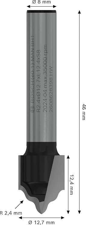 Bosch 2608628398 aksesuarı profil freze H 8 mm, R1 2,4 mm, D 12,7 mm, L 12,7 mm, G 46 mm