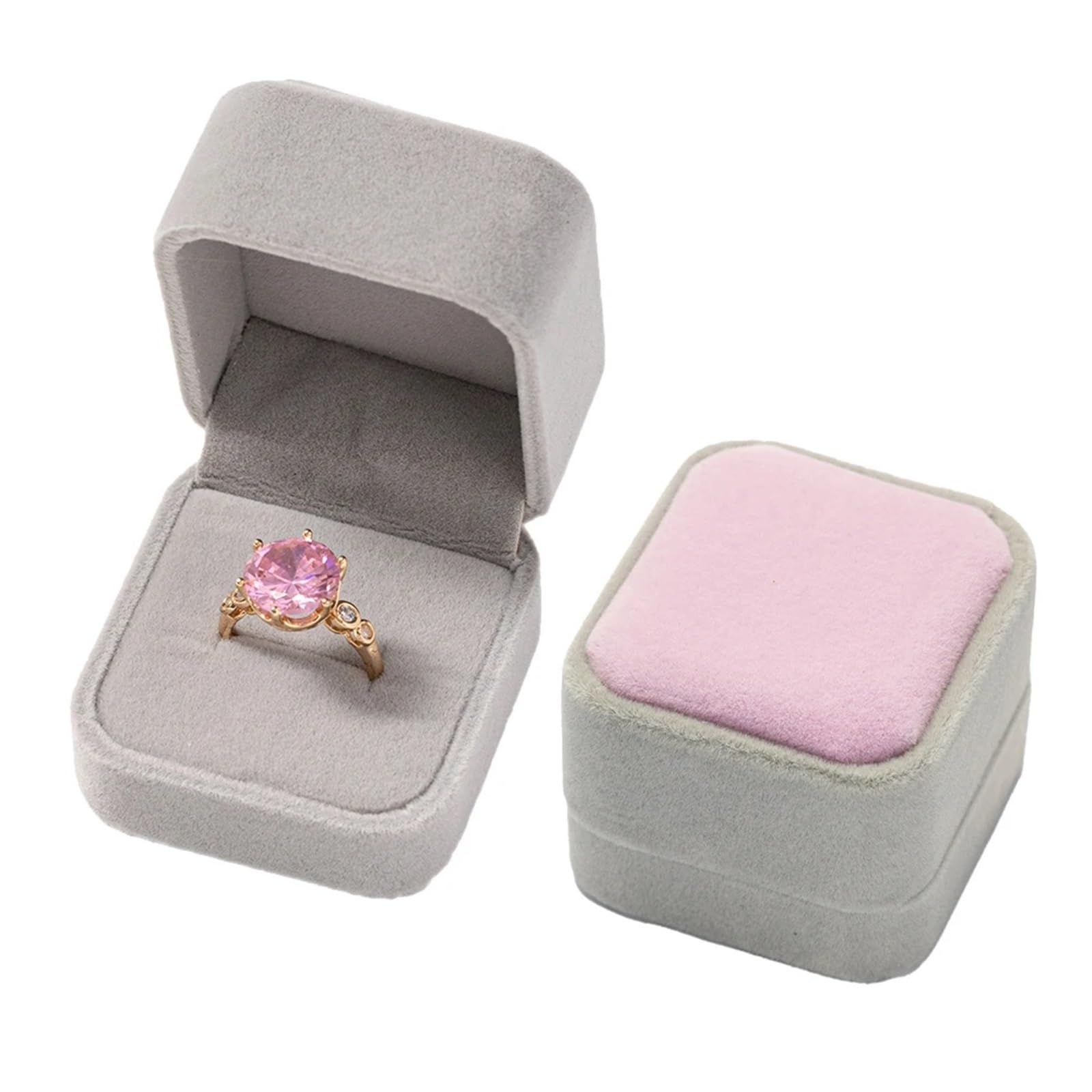 JFNKLFG Square Engagement Velvet Earring Ring Packaging Box Jewelry Organizer Valentine Day Case Display Storage for Proposal, Wedding(Pink Gray)