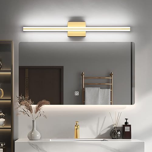 Miniatura 8 de SOLFART Lámparas de tocador de baño regulables sobre el espejo modernas lámparas LED de tocador 31.9 pulgadas luces LED doradas