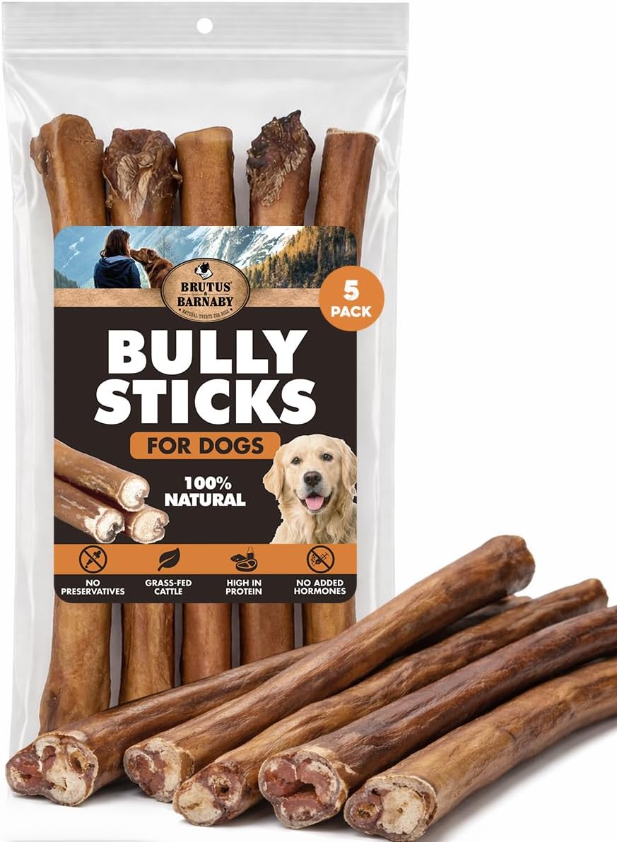 BRUTUS & BARNABY Jumbo Bully Sticks for Dogs (5 Count) - Thick Long Lasting Chews for Aggressive Chewers, Grass Fed, Odor Free, Single Ingredient, Rawhide Free for Large Dogs