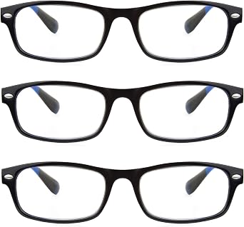 3 Pack Rectangular Plastic Frame Blue Light Blocking and Anti UV Reading glasses