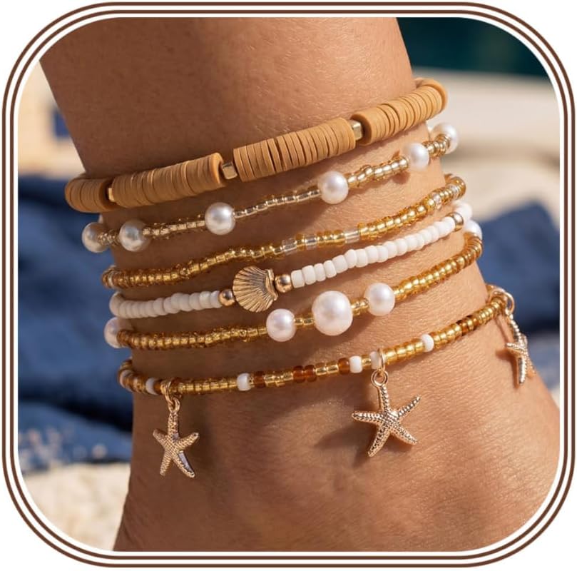 JeryWe 6Pcs Ankle Bracelets for Women - Waterproof Beaded Anklet Bracelet Set, Layered Boho Starfish Seashell Beach Jewelry, Handmade Summer Elastic Anklet