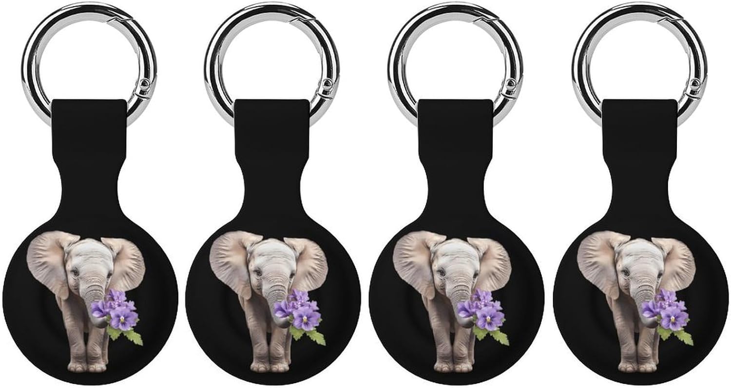 African Elephant with Violet Flower Funny Cover Compatible with AirTag Case Protector GPS Tracker Holder with Keychain