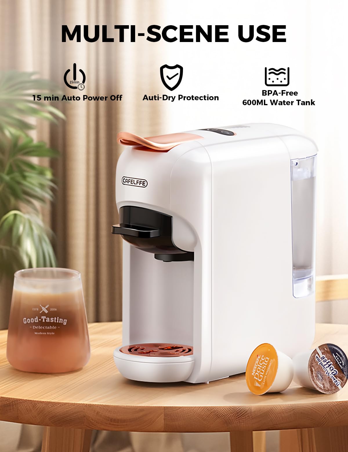 CAFELFFE Ekspres do kawy na kapsułki 5 w 1 MK606, parzenie na gorąco/zimno, 19 barów, do Nec* Original, DG*, Kcup, padów ESE i zmielonej kawy, model energooszczędny Erp2, zbiornik na wodę 0,6 l, biały
