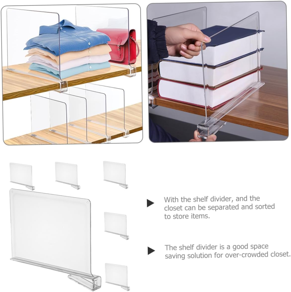 6Pcs Clear Shelf Divider for Clothes Organizing Wardrobe Partition Board Easy Install Closet Storage Separator for Towels Sweaters and More