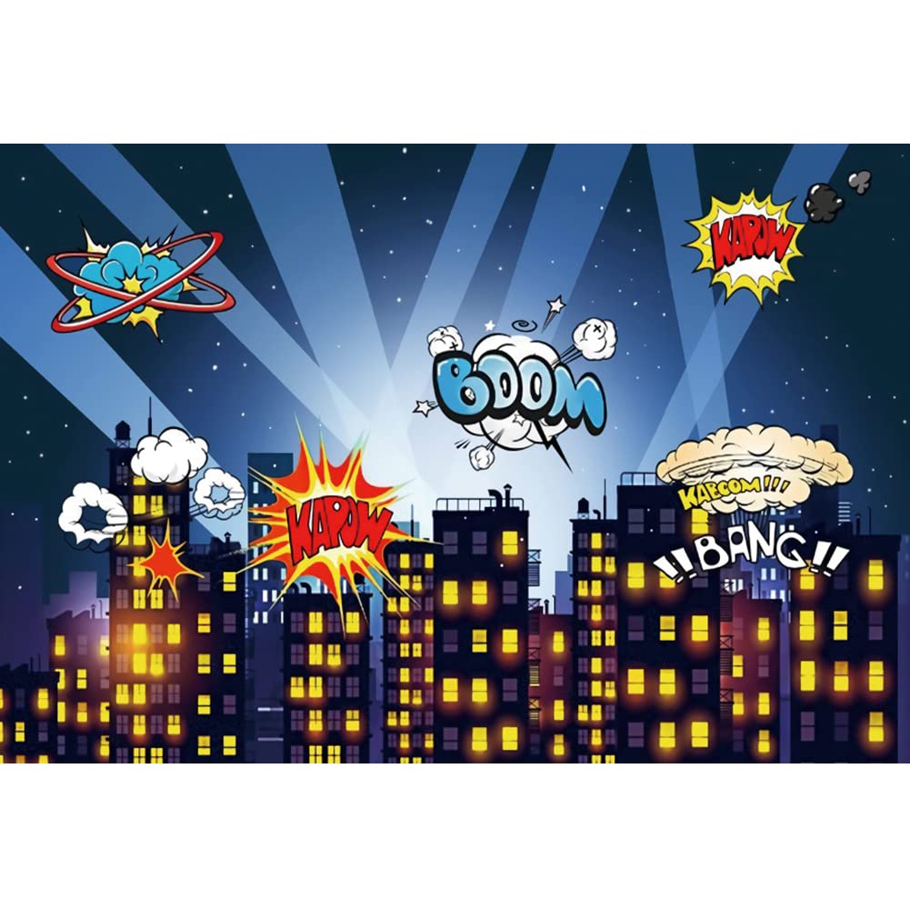 Super Città Sfondo 3x2m Fumetti Notte Paesaggio urbano Stellato Star Boom Sfondi fotografici Baby Shower Bambini Festa di compleanno Banner Forniture Studio Foto Prop Vinile