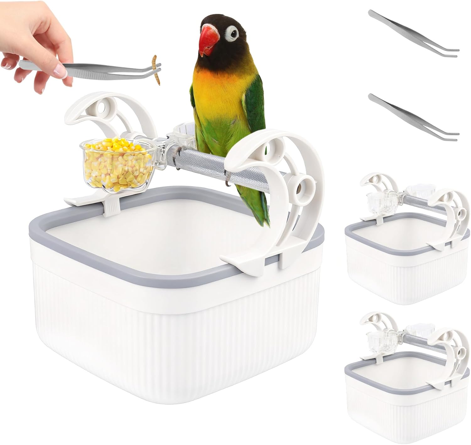 Bird Desktop Training Stand with Detachable Feeder Bowls and Tweezers, Parrot Droppings Stand, Bird Perches for Parakeets, Lovebirds, Small Medium Birds, Birds cage Accessories
