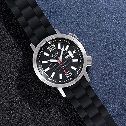 Berny Automatic Mechanical Dive Watch For Men Self Winding Sport Silicon Strap Wristwatches Waterproof 20Atm Sapphire Glass Scratch Resistant Super Luminous, Black Dial #TOP2