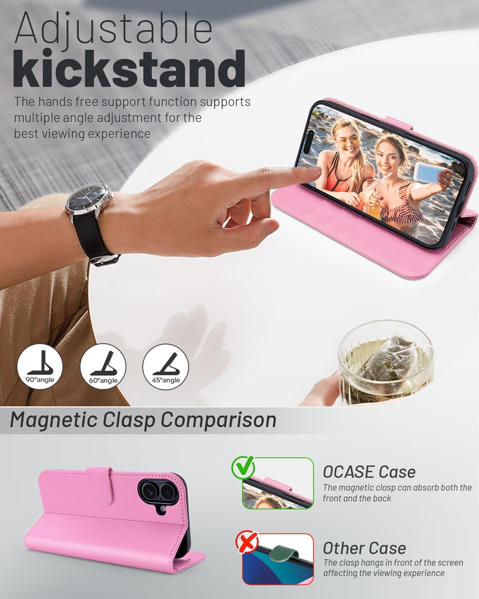 OCASE Compatible with iPhone 16 Wallet Case, PU Leather Flip Folio Case with Card Holders RFID Blocking Kickstand [Shockproof TPU Inner Shell] Phone Cover 6.1 Inch 2024, Pink