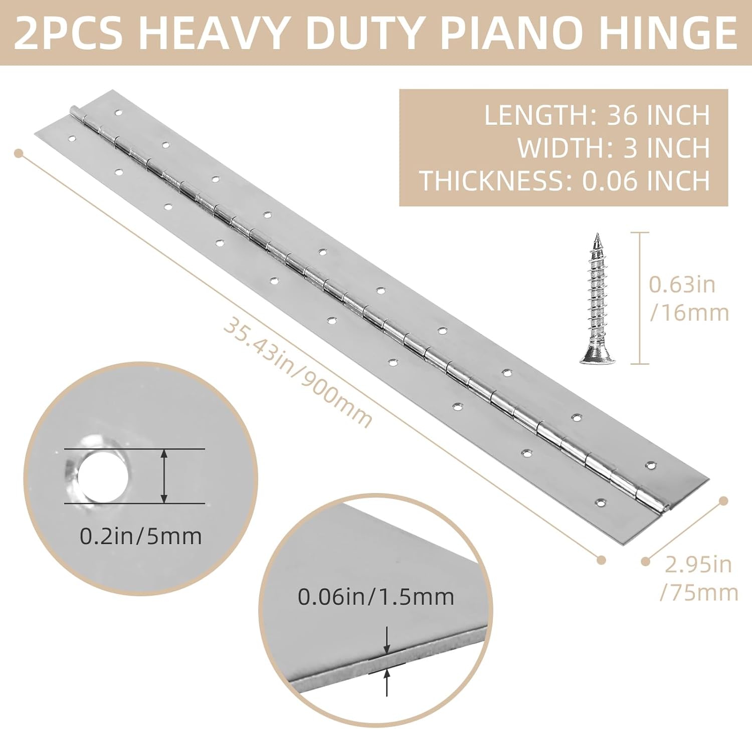 2 Pack Heavy Duty Piano Hinges, 36 Inch x 3 Inch Open Width Stainless Steel Hinge 0.06" Thick Sliver Continuous With Screws for Wood Furniture, Door, Wooden Box
