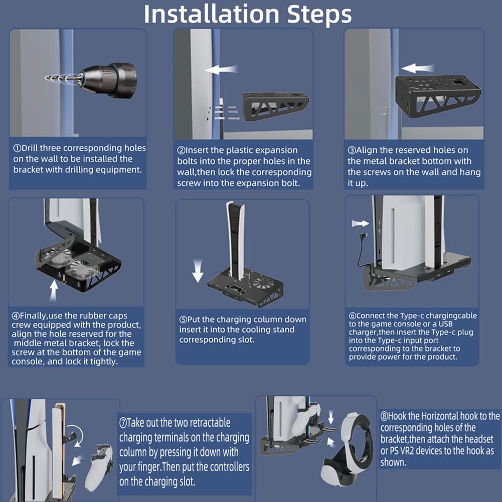 Soporte de pared para PS5/PS5 Slim/PS5 Pro, kit con ventilador de refrigeración y estación de carga, soporte flotante para PS5/PS5 Slim/Disc y consola digital/PS5 Pro, con soporte de pared
