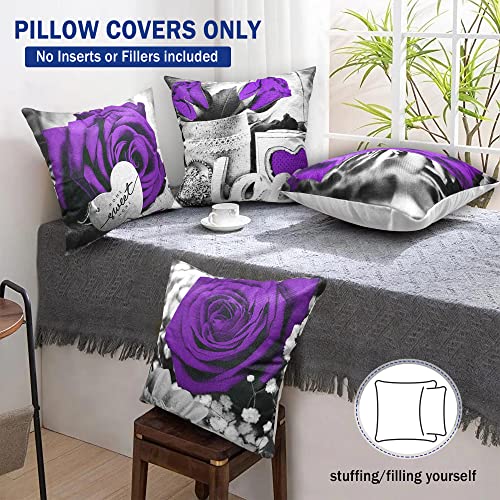 Lodintech Floral Pillow Covers 18X18 Purple Throw Pillow Covers Gray Black Purple Pillows Decorative Couch Pillow Covers Living Room Sofa Bed Rose Flower Love Linen Farmhouse Outdoor Summer Pillowcase #TOP1