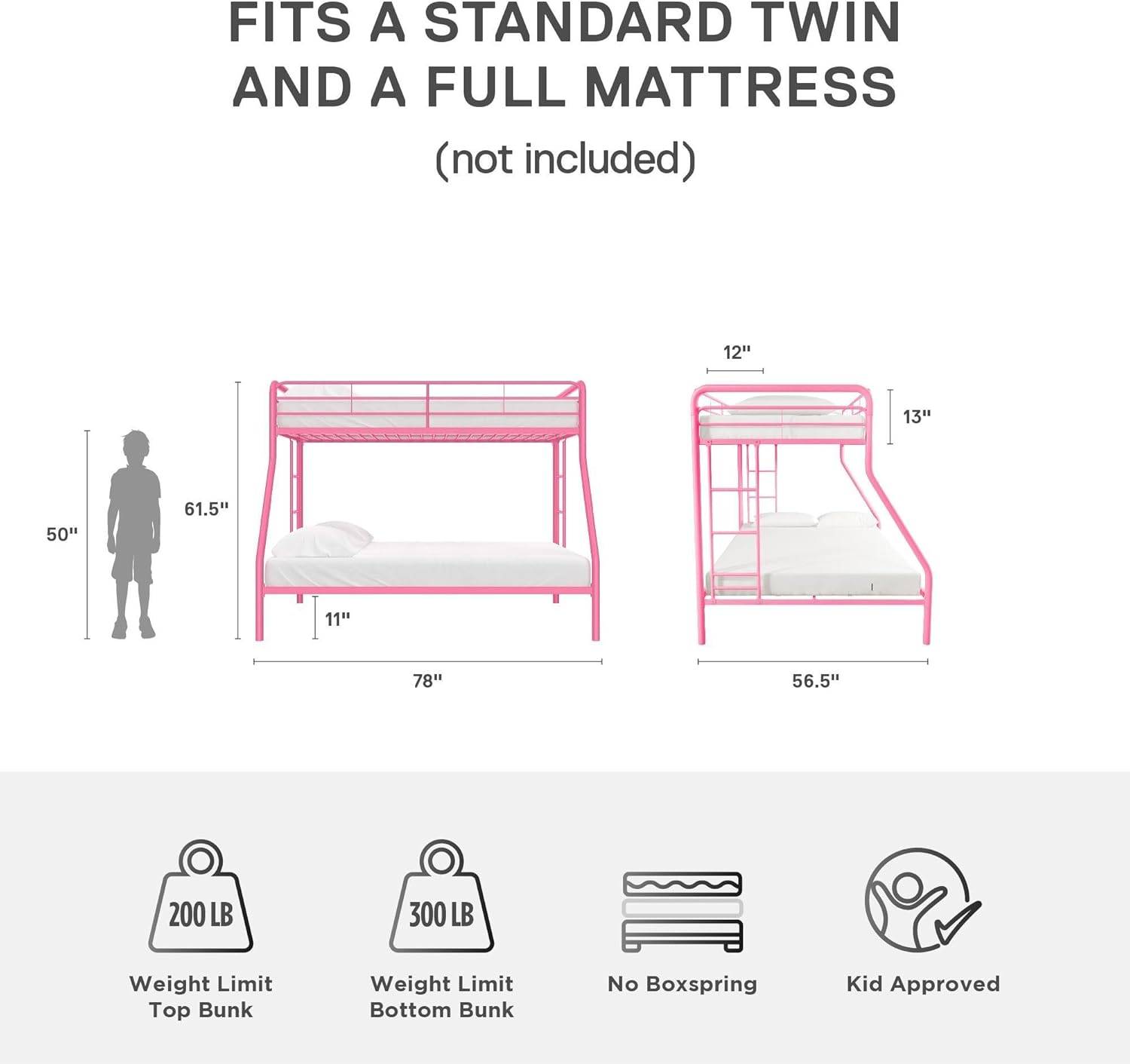 DHP Dusty Metal Bunk Bed Frame, Twin-Over-Full for Kids, Teens, Adults, Angled Ladder, Guardrail, No Boxspring, Small Spaces, Pink Twin/Full Pink
