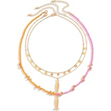Beaded Fish Pendant Necklace for Women Starfish Conch Fish Charm Necklace Boho Layered Necklaces Trendy Ocean Beach Necklaces Summer Vacation Jewelry Gift