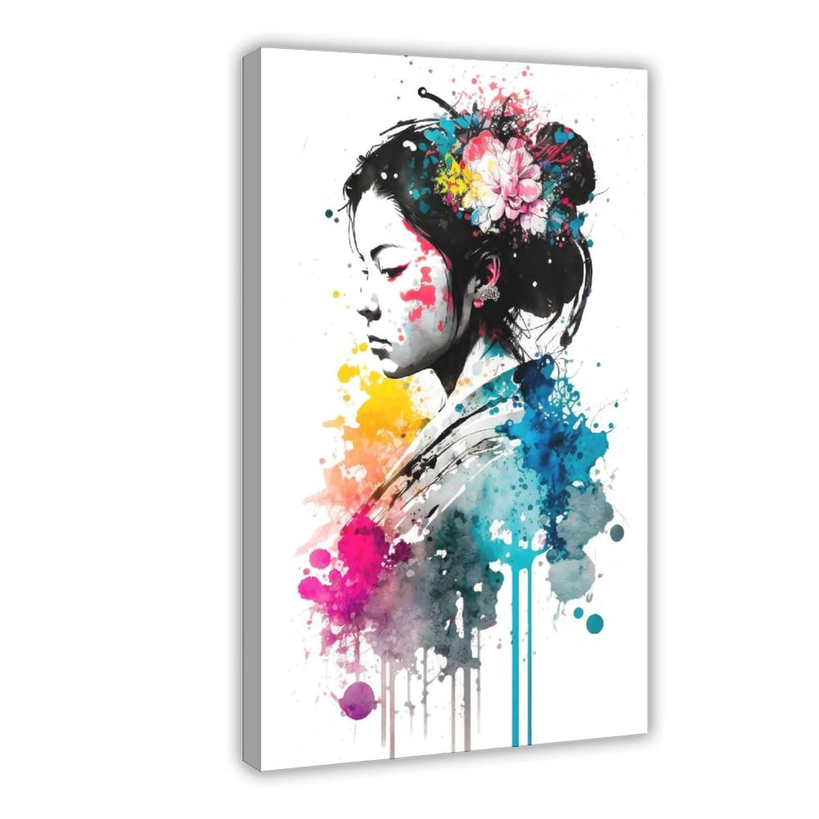 Qnvjqkdsi Frame Japanese Geisha Watercolor Art Poster (1) Canvas Poster Bedroom Decor Landscape Office Room Decor Gift 16" L X 24" W