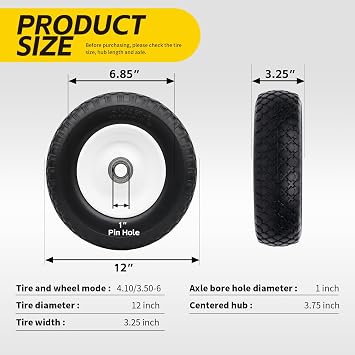 MaxxHaul 12 Flat Free Solid Tire 4.10/3.50-6 Replacement Wheel 1 Bore 5/8 Adapter & 3.75 Center Hub Fits Compatible Trailer Dollies & Equipment Requires Matching Axle Dims 330LB Cap (50502)