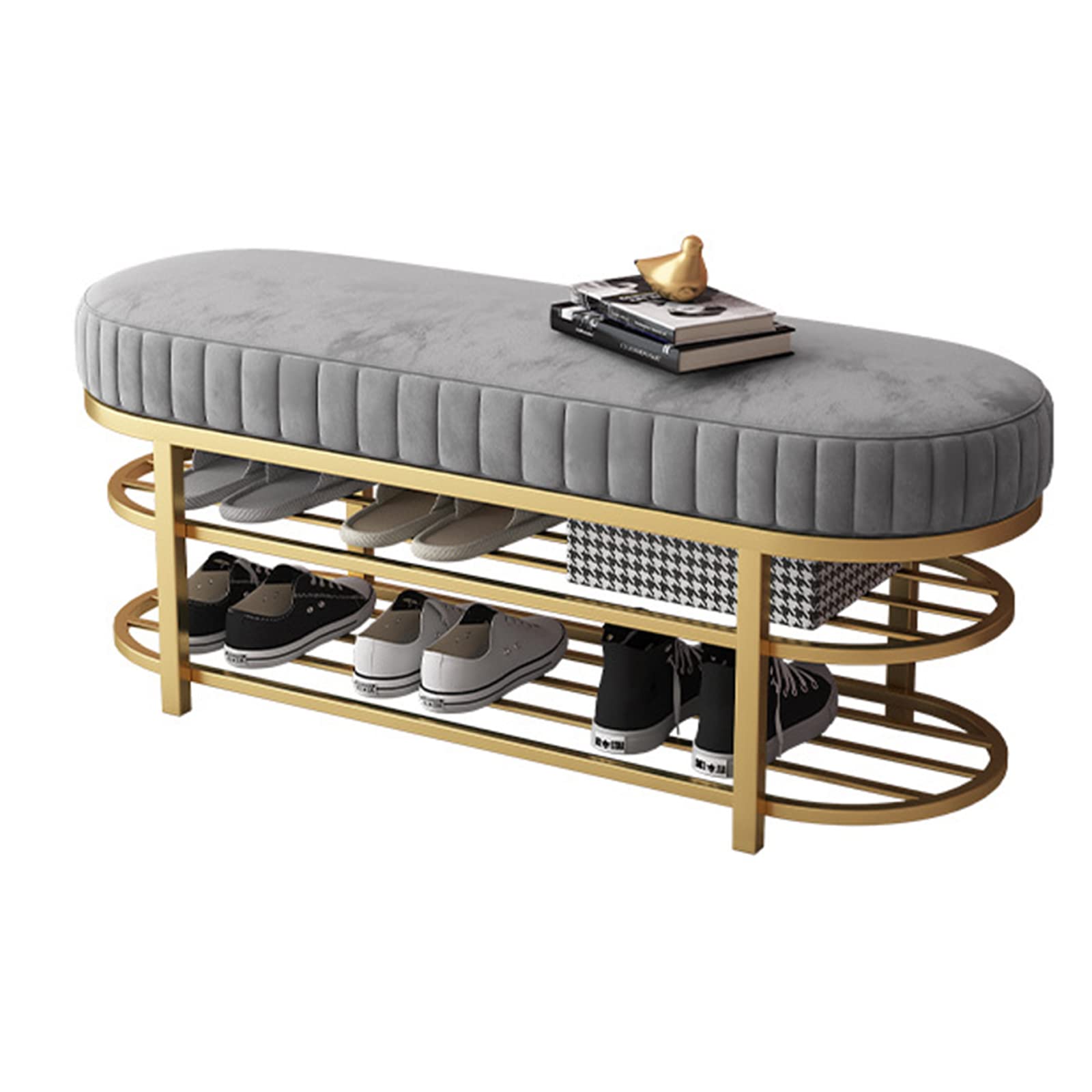 Étagère à chaussures en velours gris et métal doré pour un salon chic