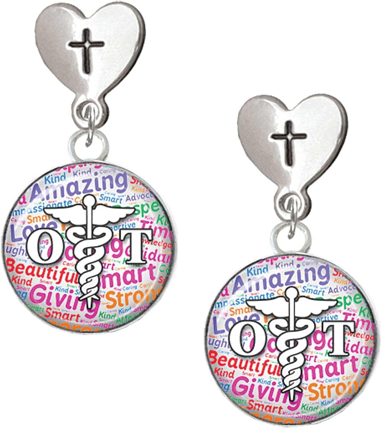 Delight Jewelry Silvertone Domed OT Cross in Heart Post Dangle Earrings