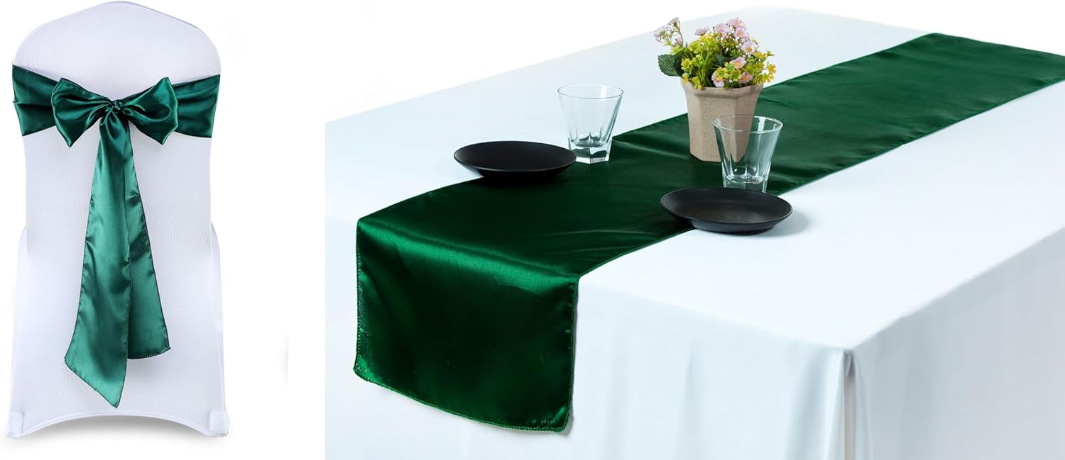 MDS Pack of 50 Satin Chair Sashes Bow sash and 5 Wedding 12 x 108 inches Satin Table Runner for Wedding Events Supplies, Decorations for Birthday Parties, Graduations, Engagements – Emerald Green