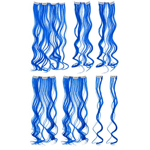 Swacc 7 Pcs Full Head Party Highlights Clip On In Hair Extensions Colored Hair Streak Synthetic Hairpieces (20-Inch Curly, Blue) #TOP2