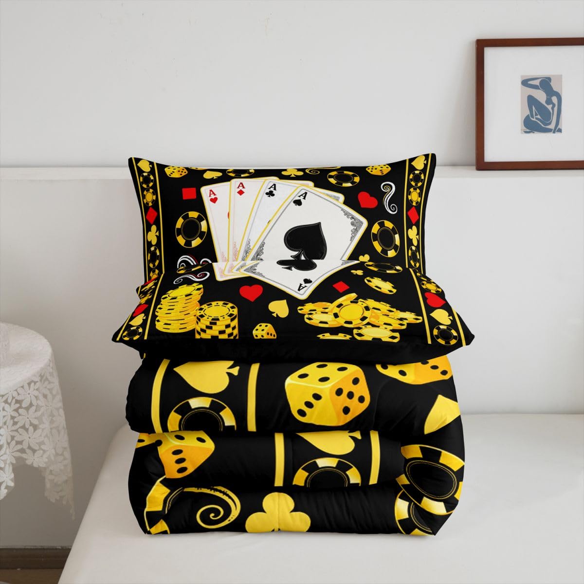 Homewish Poker Casino Vintage zestaw pościeli King Size - gra karciana retro zestaw pościeli poker gra żetony zestaw kołdry - czarny złoty retro bez przykrycia kołdra z 2 poszewkami na poduszki
