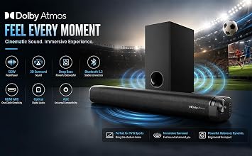 Dolby Atmos Soundbar for TV with Subwoofer, 120W Home Theater System for Football & Sports, 3D Surround Sound, Deep Bass, Bluetooth 5.3, HDMI ARC/Optical/AUX, Easy Setup