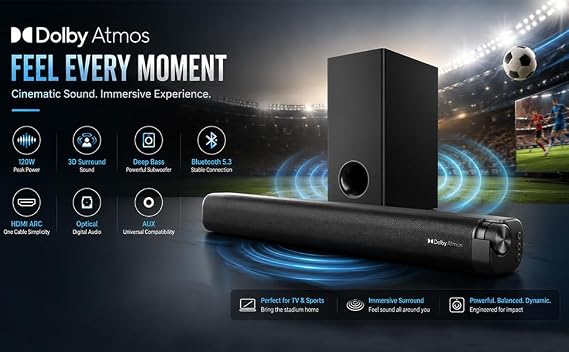 Dolby Atmos Soundbar for TV with Subwoofer, 120W Home Theater System for Football & Sports, 3D Surround Sound, Deep Bass, Bluetooth 5.3, HDMI ARC/Optical/AUX, Easy Setup