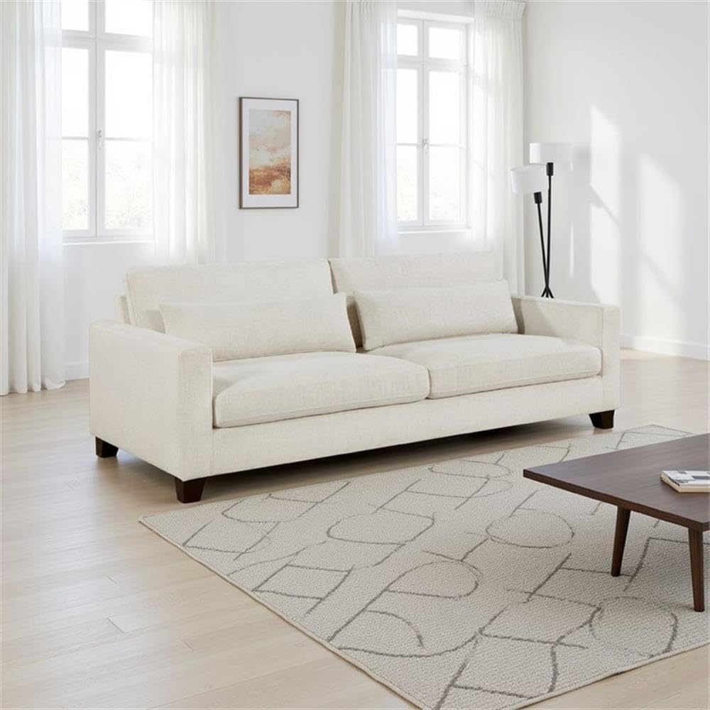 Pemberly Row 89 Inch Sofa, Ivory Textured Polyester Fabric, Solid Wood Legs Brown Finish, Foam Padding with Pocket Coils, Attached Cushions, Includes 2 Lumbar Pillows, Living Room Seating