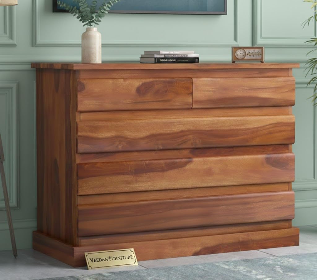 solid sheesham wooden chest of drawers 5 drawer, wooden storage cabinet for bedroom & living room, drawer cabinet, storage organizer, solid wood furniture