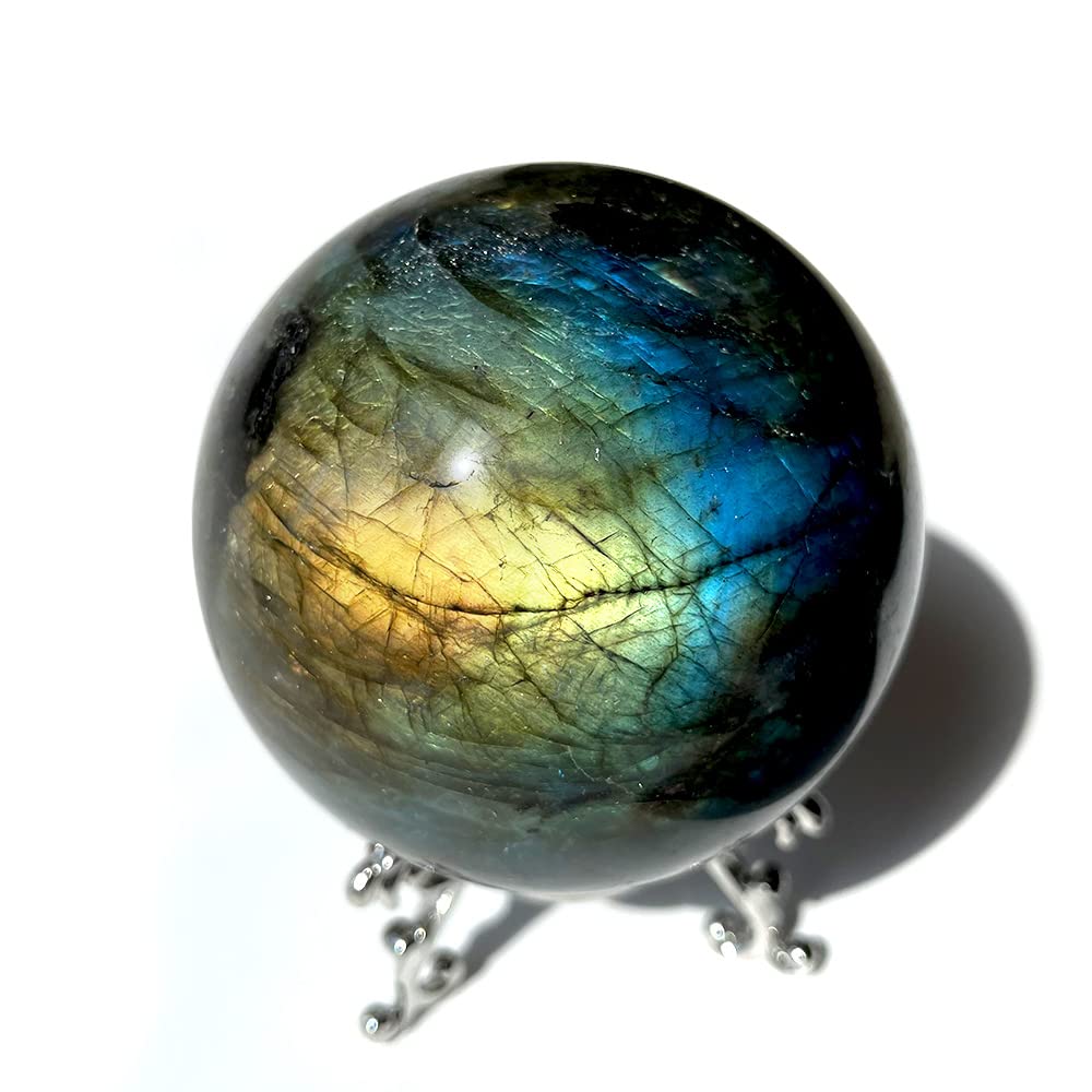 MDYSC Natural Polished Rainbow Light Labradorite Crystal Ball Home Decoration Ornament Moonstone Crystal Stone+Base (2.5-3inch)