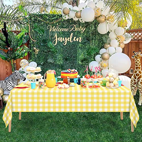 4 Pcs Yellow Checkered Tablecloth 54 ×108 Inches Rectangle Yellow Gingham Tablecover Disposable Plastic Waterproof Table Cover For Outdoor Picnic, Kitchen, Holiday Birthday Party #TOP1