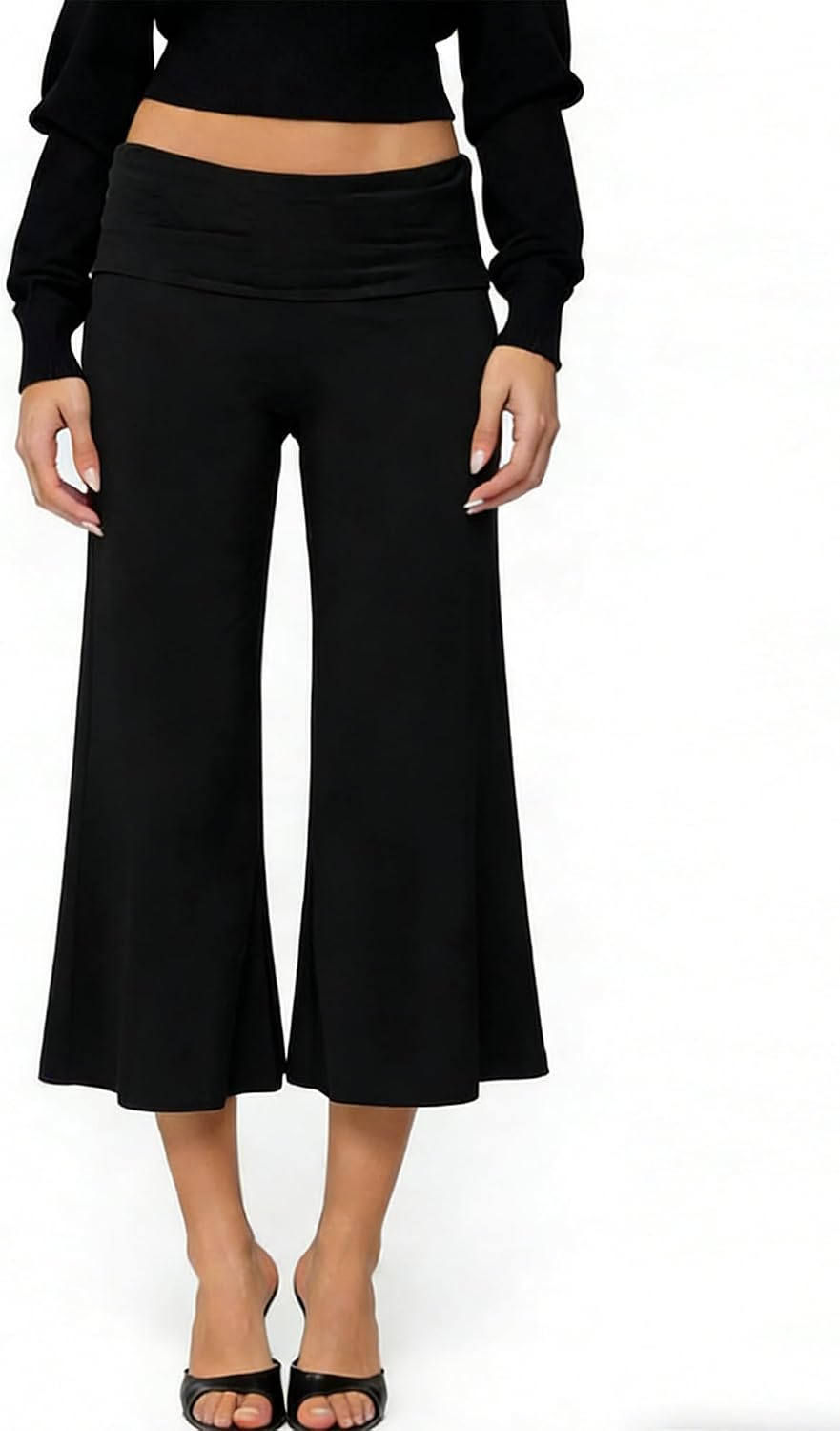 Gaucho Pants for Women Fold Over Flowy Capri Pants Wide Leg Low Rise Yoga Capris Foldover Cropped Leggings Summer