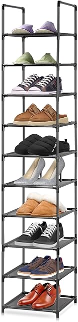 Perome Small Shoe Rack 10 Tiers, Shoe Storage Shelf for 10 Pairs of Shoes, Slim Tall Shoe Organiser, Space Saving Shoe Tower Stand for Hallway, Entryway, Cloakroom (Black)