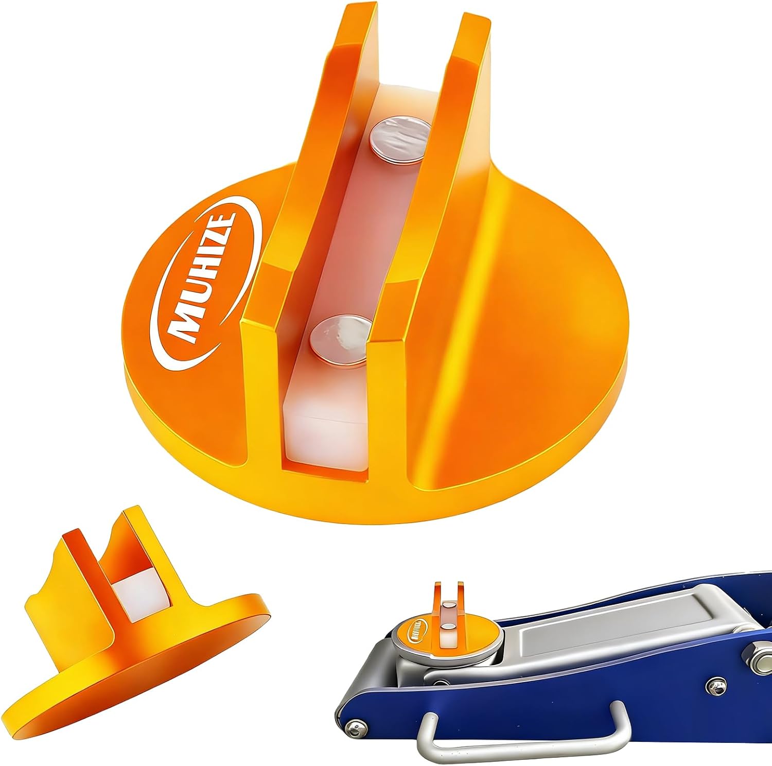 MuHize Universal Pinch Weld Jack Pad, Aluminum Jacking Puck Pinch Weld Frame Rail Adapter, 1 Pcs Orange Grooved Magnetic Jack Pad for Most Cars