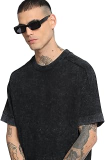 Men Black Self Design Oversized Round Neck T-Shirt Price In India