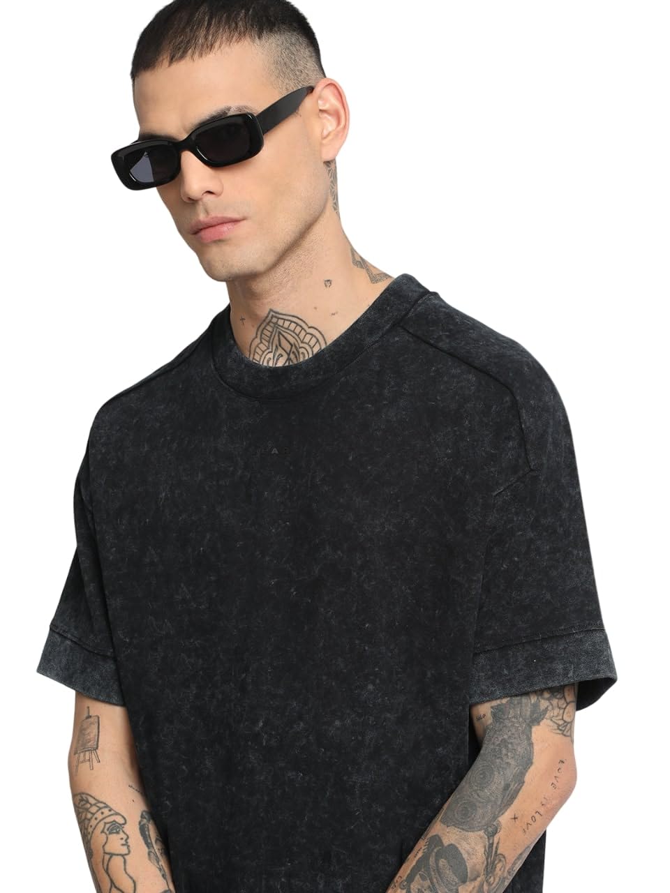Men Black Self Design Oversized Round Neck T-Shirt