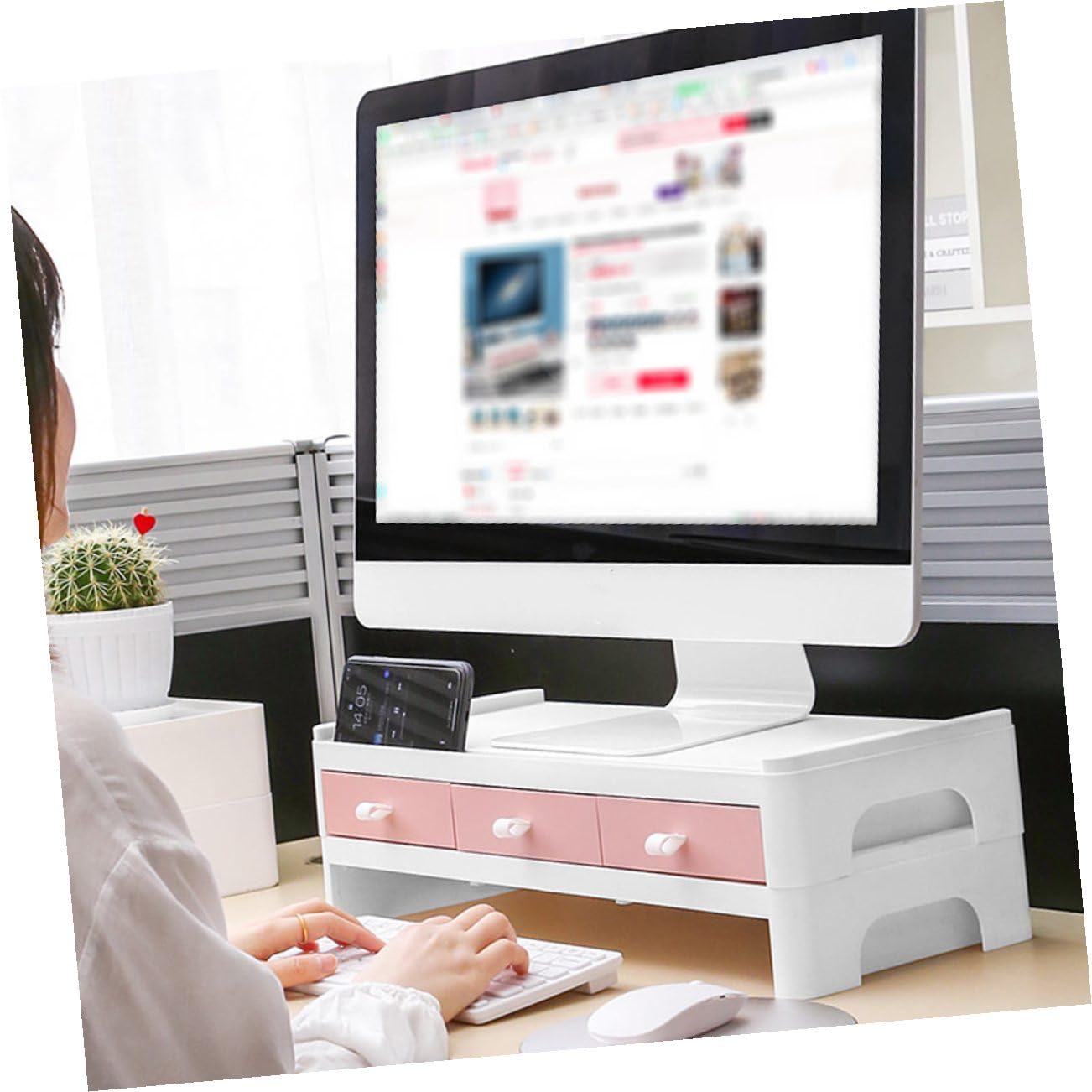 SHINEOFI Supporto per Monitor Elevato in Plastica Rosa per Scrivania | Organizer da Casa, per Cancelleria e Cosmetici, Struttura Classificata, per Studenti e Appassionati di Makeup