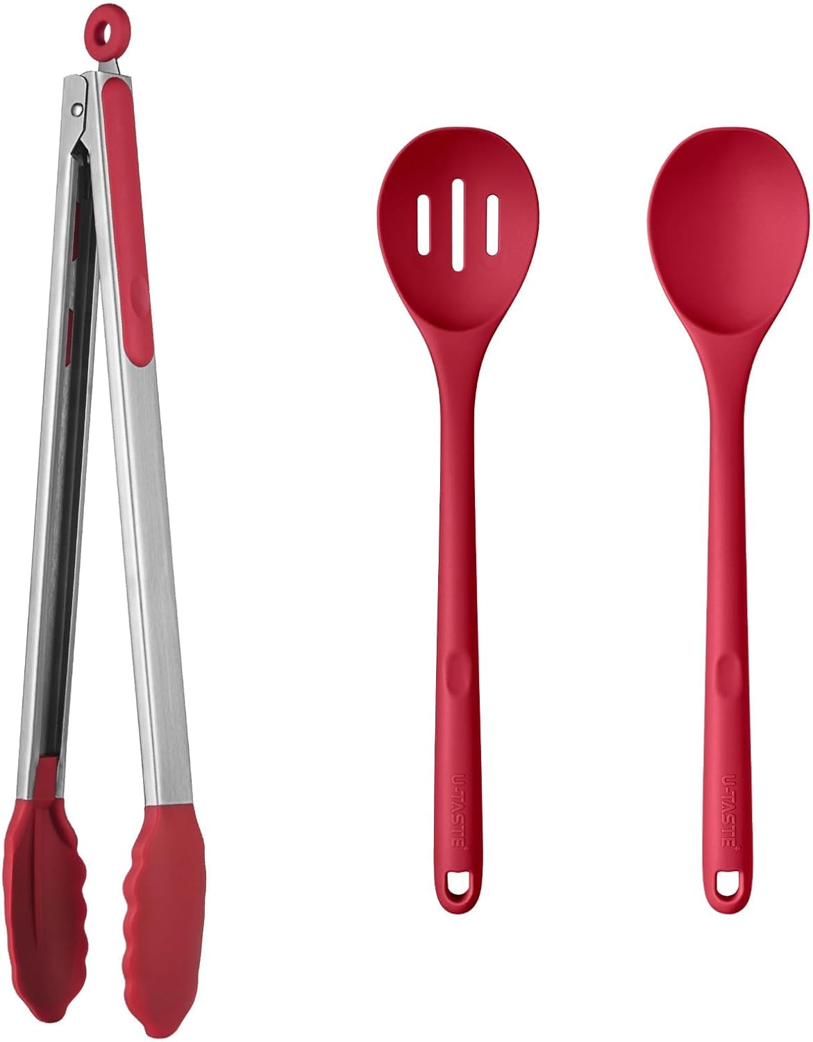 U-Taste 600℉ Heat Resistant Food Grade Non Stick Firm Cooking Tongs (16 in), and 600ºF Heat Resistant Silicone Spoons, 13.3in Solid & Slotted Kitchen Mixing Tool (Red)