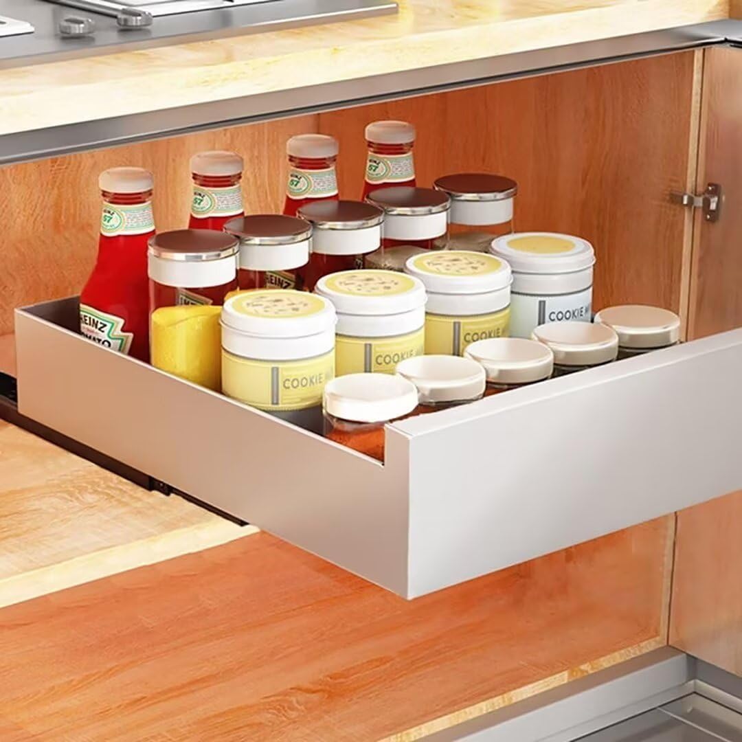 Sliding Cabinet Nizer for Kitchen No Drill Pull Out Shelf Storage Drawer for Cupboard Ideal for Kitchen Living Room Home Nization,White-35cm