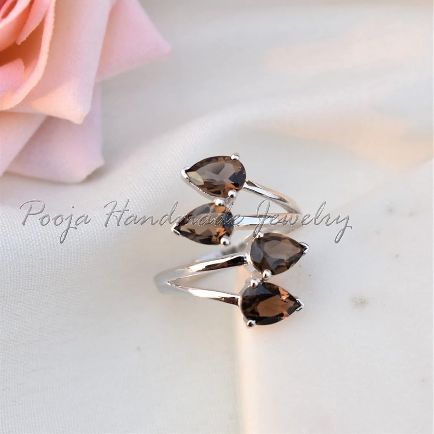 Natural Smoky Quartz Ring for Women, 925 Solid Sterling Silver Spiral Ring, Adjustable Dainty Stackable Boho Ring, Handmade Promise Minimalist Everyday Jewelry