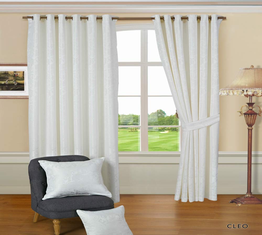 SSP Jacquard Pair Curtain Fully Lined Ring Top Eyelet Tiebacks (RT White, 46" x 72" + Tiebacks)