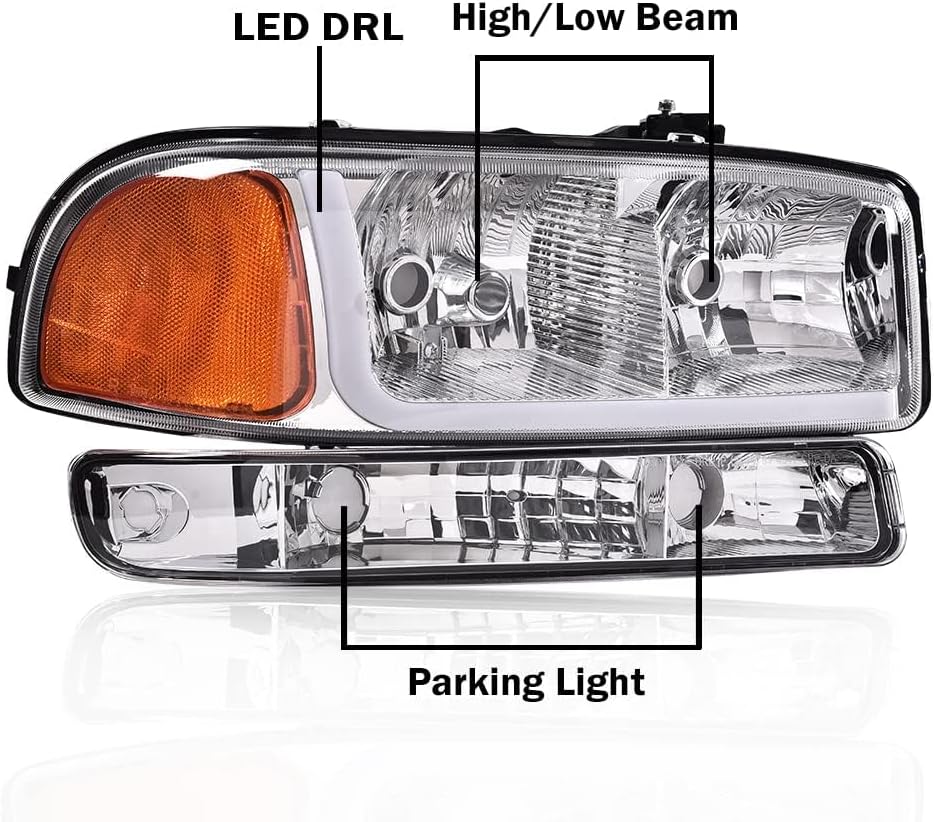 G-PLUS LED DRL Headlights Assembly, Fit GMC Sierra 1500 1999-2007/Fit GMC Sierra 1500 HD 2001-2007 (NOT Fit Denali Trims) Clear Lens Chrome Housing Amber Reflector Bumper Headlamps,faros delanteros