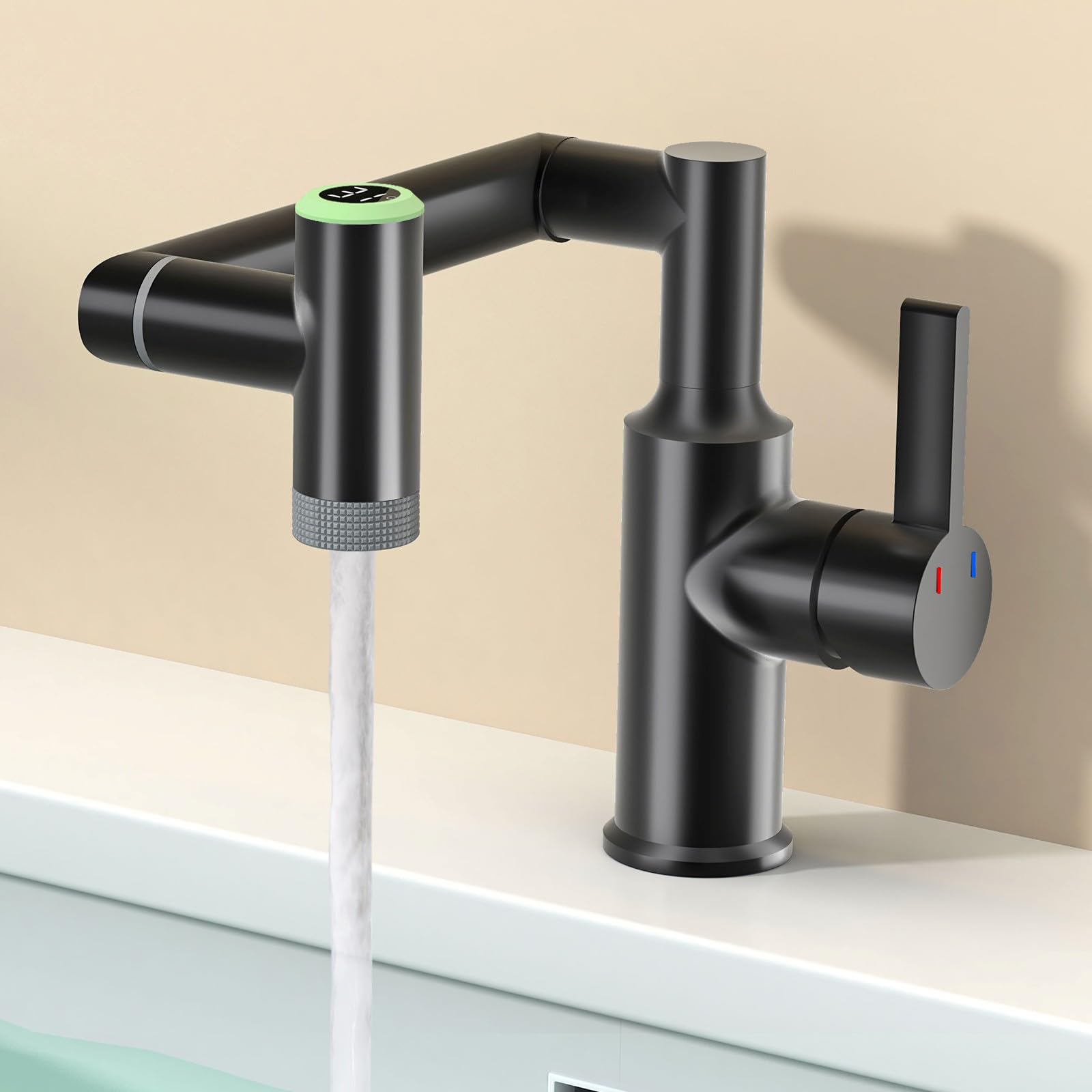 Einloch Waschtischarmatur mit Temperaturanzeige (Schwarz) | Einhand Armatur Badezimmer, 1080° schwenkbare Badarmatur Waschbecken mit 2 Auslaufmodi hochwertige Waschbeckenarmatur