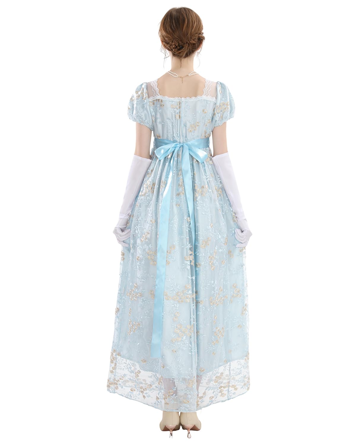 CR ROLECOS Empire Robe Regency Era pour femme - Costume de fête victorien - Avec manches bouffantes - Mariage