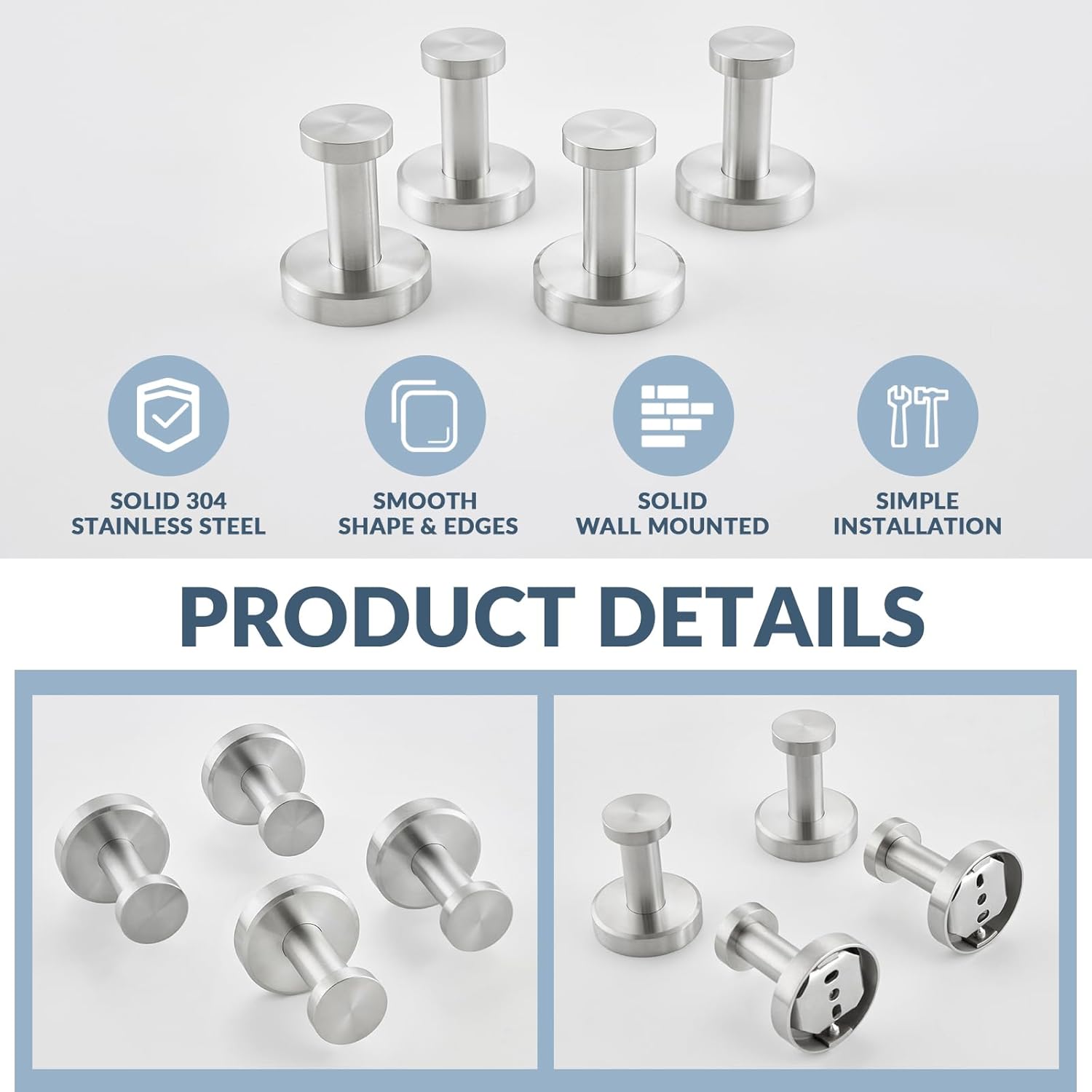 APLusee Brushed Nickel Hand Towel Hook, 4 Pack 304 Stainless Steel Storage Coat Hook, Bathroom Accessories Wall Mounted