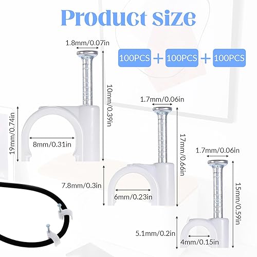 Miniatura 2 de Bewudy 300 clips de cable de uñas, clips de alambre de 0.157 in, 0.236 in, 0.315 in, clip de pared de alambre blanco con clavos de acero,