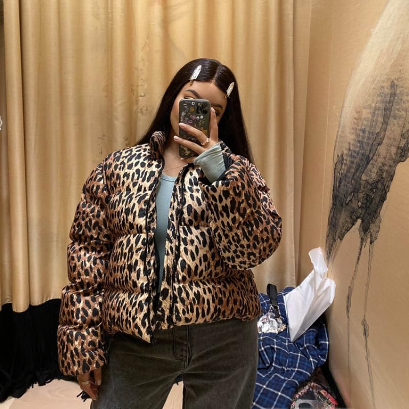 Womens Leopard Jacket Quilted Lightweight Jackets Zip Up Short Puffer Jacket Winter Warm Cheetah Print Coat - Image 6