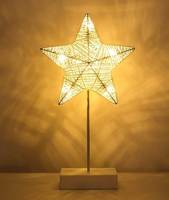 Lewondr Table Lamp, Battery Powered Star Shape Ramadan Light Desk Lamp LED Christmas Decorative Lamp Winding Iron Frame Plastic Base Warm White Bright Light Home Bedroom Romantic Decoration - White