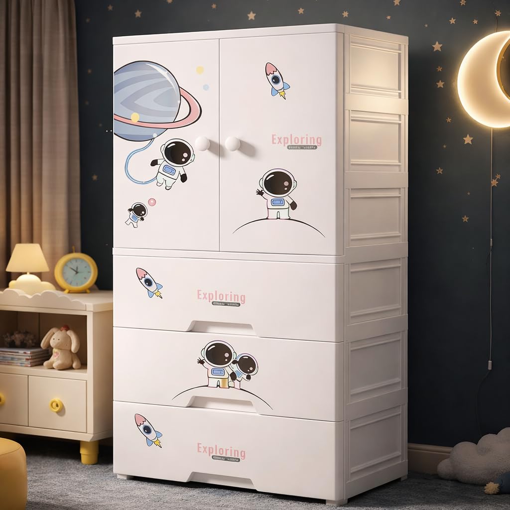 AYSIS Kids Plastic Collapsible Wardrobe Organizer for Storage with Drawers | Cute Cartoon Design | Heavy Duty Cloth Organizer for Storage | Easy to Assemble | Perfect for Kids Room & Home | Sky Starry-image-7
